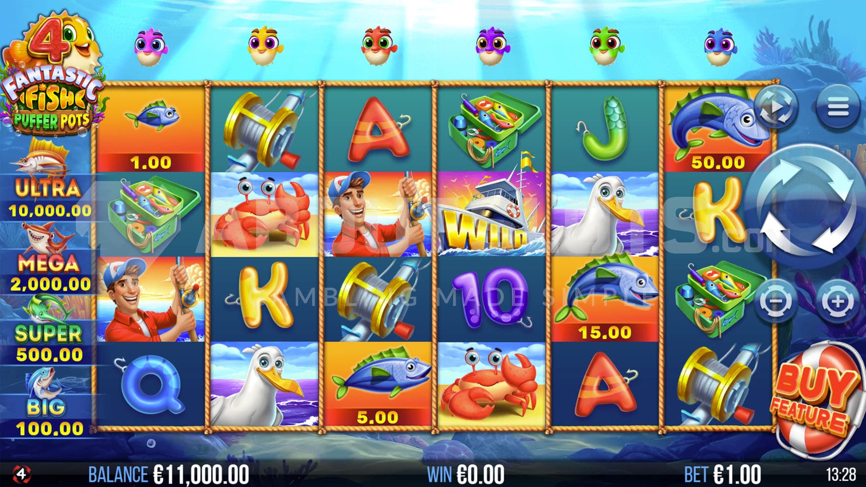 Base Game view of a 6x4 grid on a backdrop of an underwater landscape.