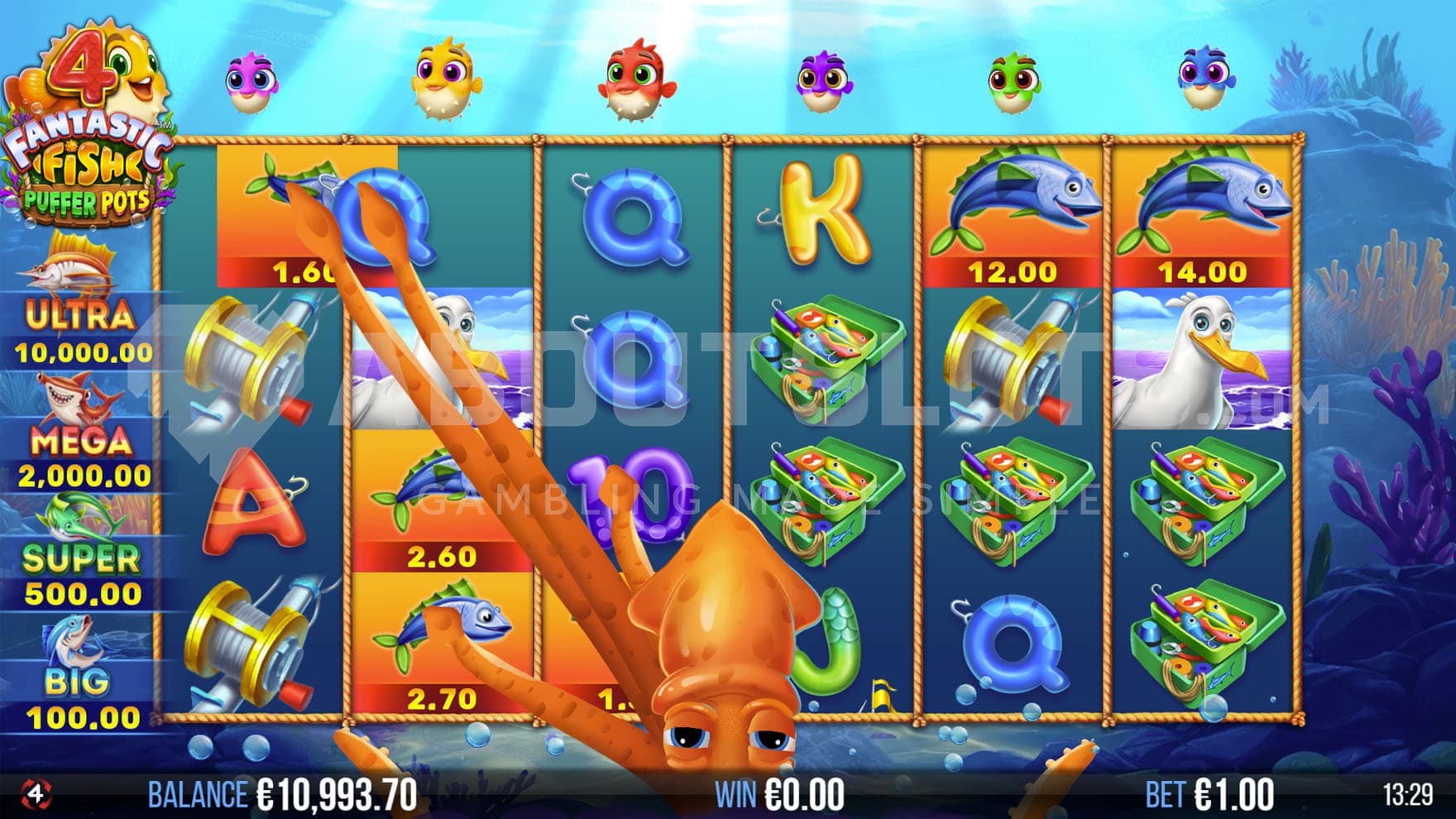 Giant Squid feature triggered in the base game, rearranging symbols to form a win.