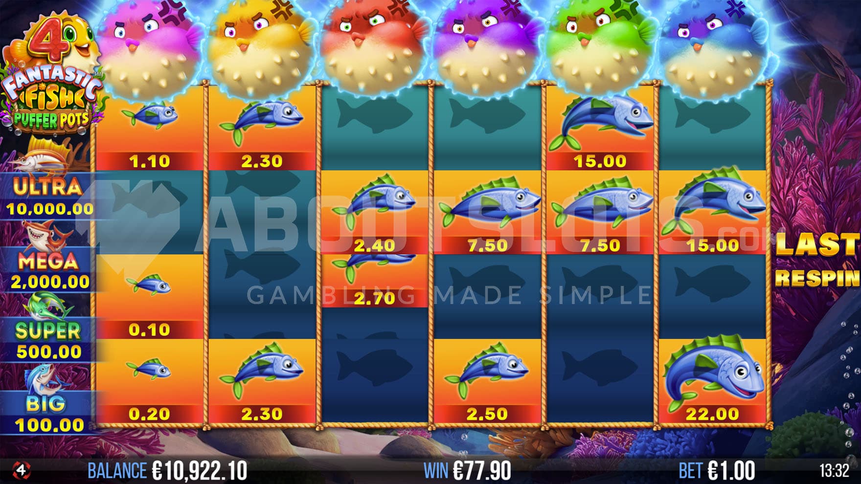 Puffer Respins feature in progress, showing multiple cash prizes locked on the reels.
