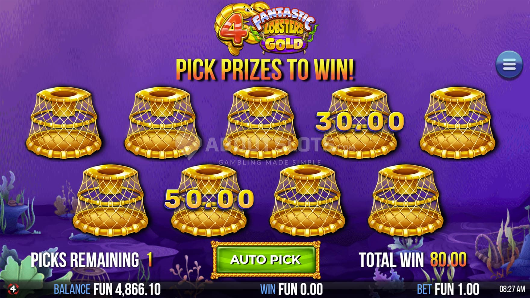 Fortune Bonus in progress, showing two cash prizes revealed.