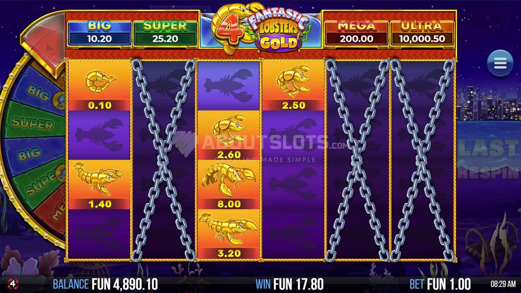 Lobster Respins bonus in progress, showing cash prizes locked on 3 out of 6 reels.