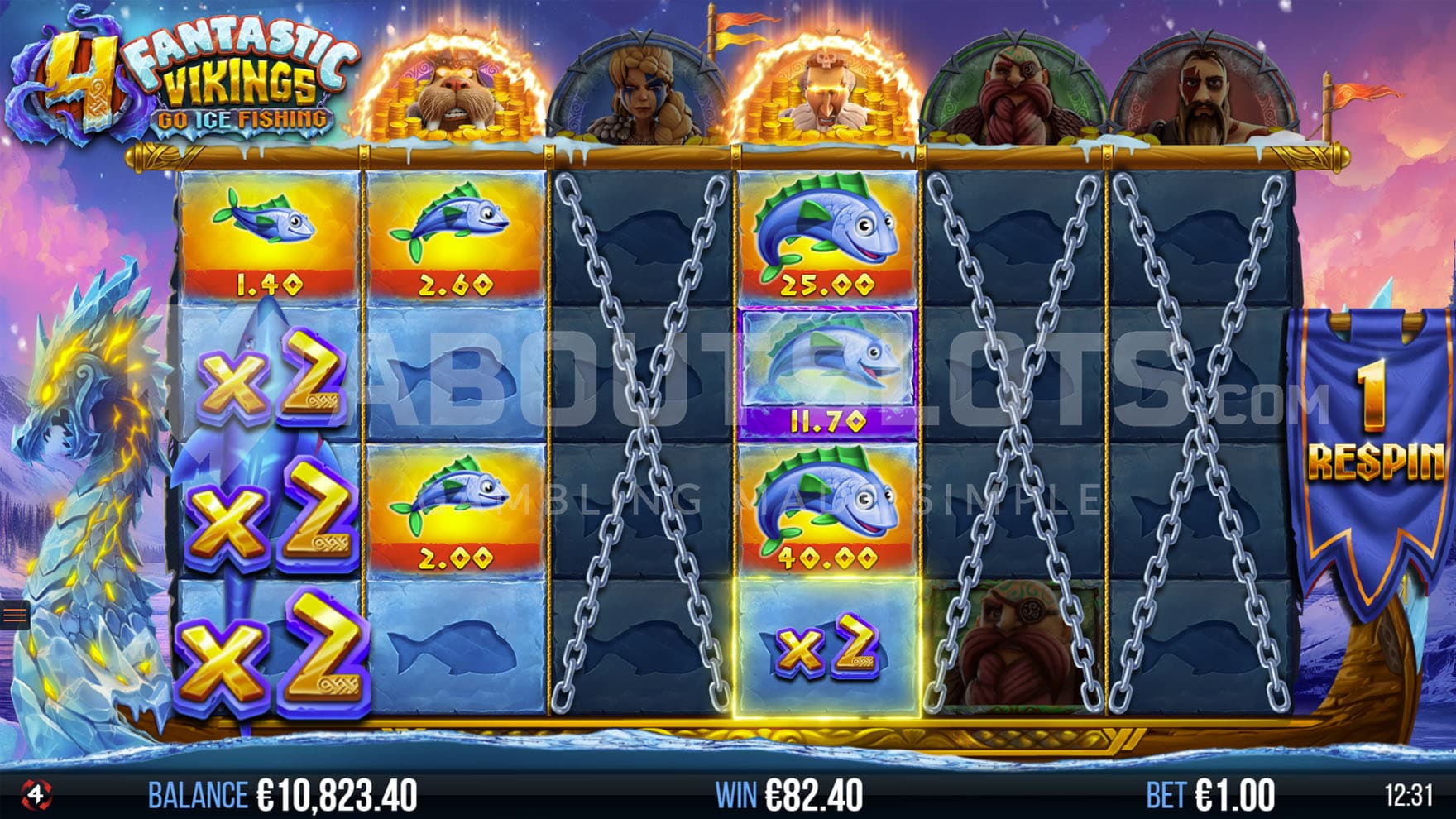 Fighting Respins bonus in progress, showing multiple cash prizes on the reels and two Vikings in Berzerk mode.