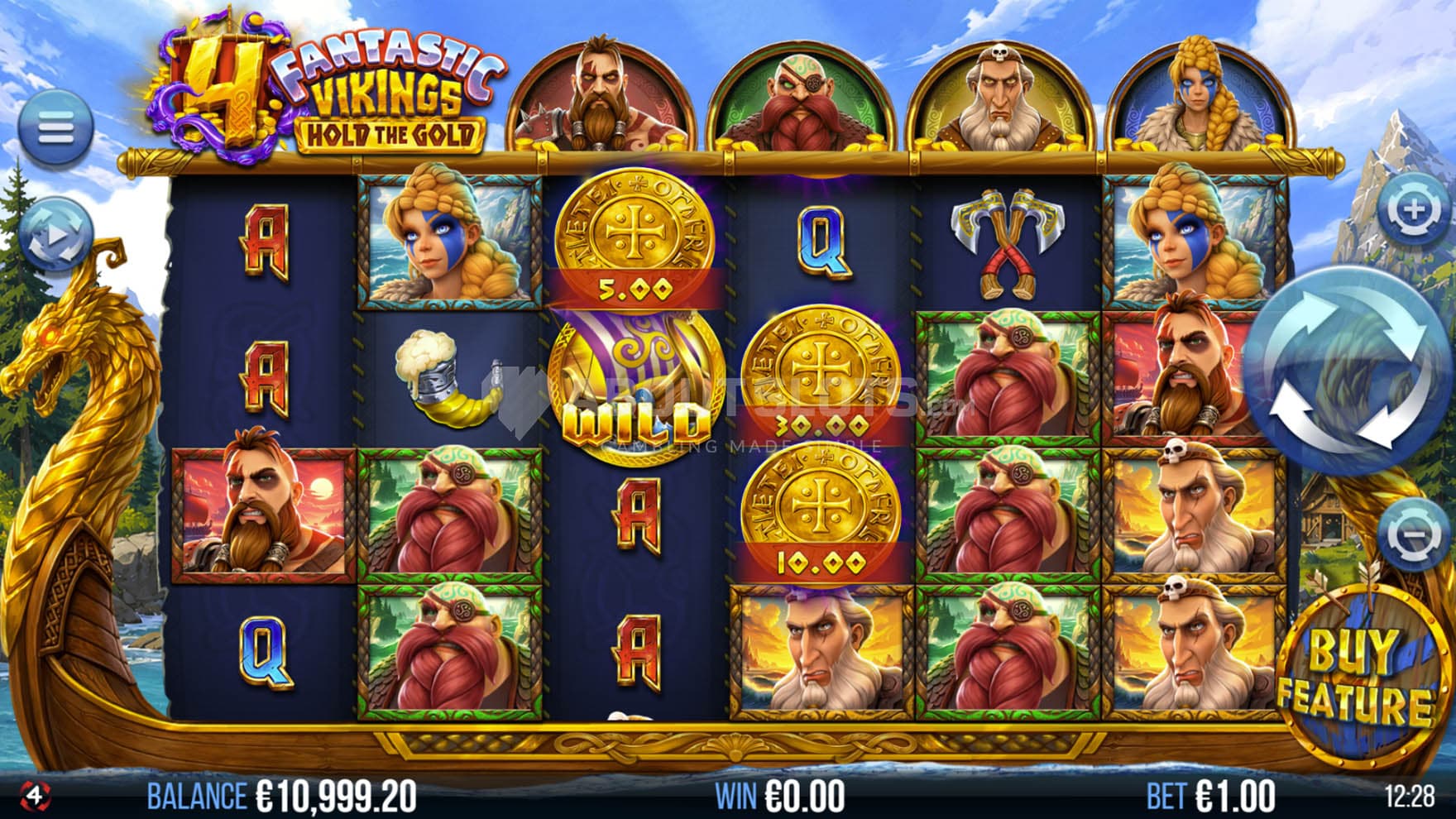 Screenshot of the base game, showing a 6x4 grid on a longship sailing against a natural backdrop.