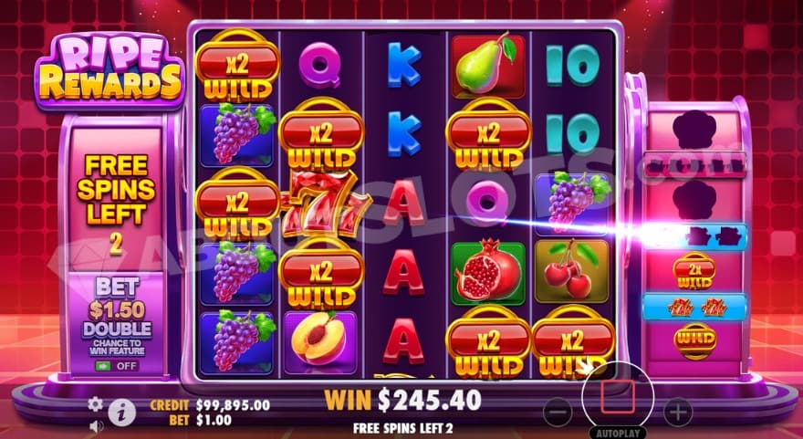 Free Spins bonus game with multiplier wild symbols on the reels.