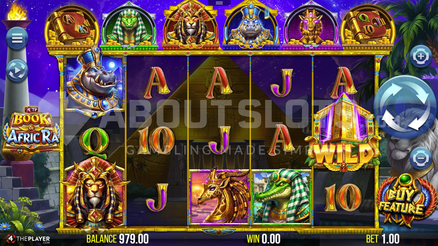 Base Game view of a 5x3 grid on a backdrop depicting an Ancient Egyptian city under a night sky.