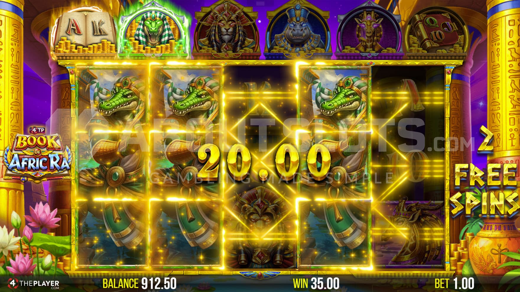 Free Spins bonus in progress showing a win scored on an Expanding Symbol on three reels.