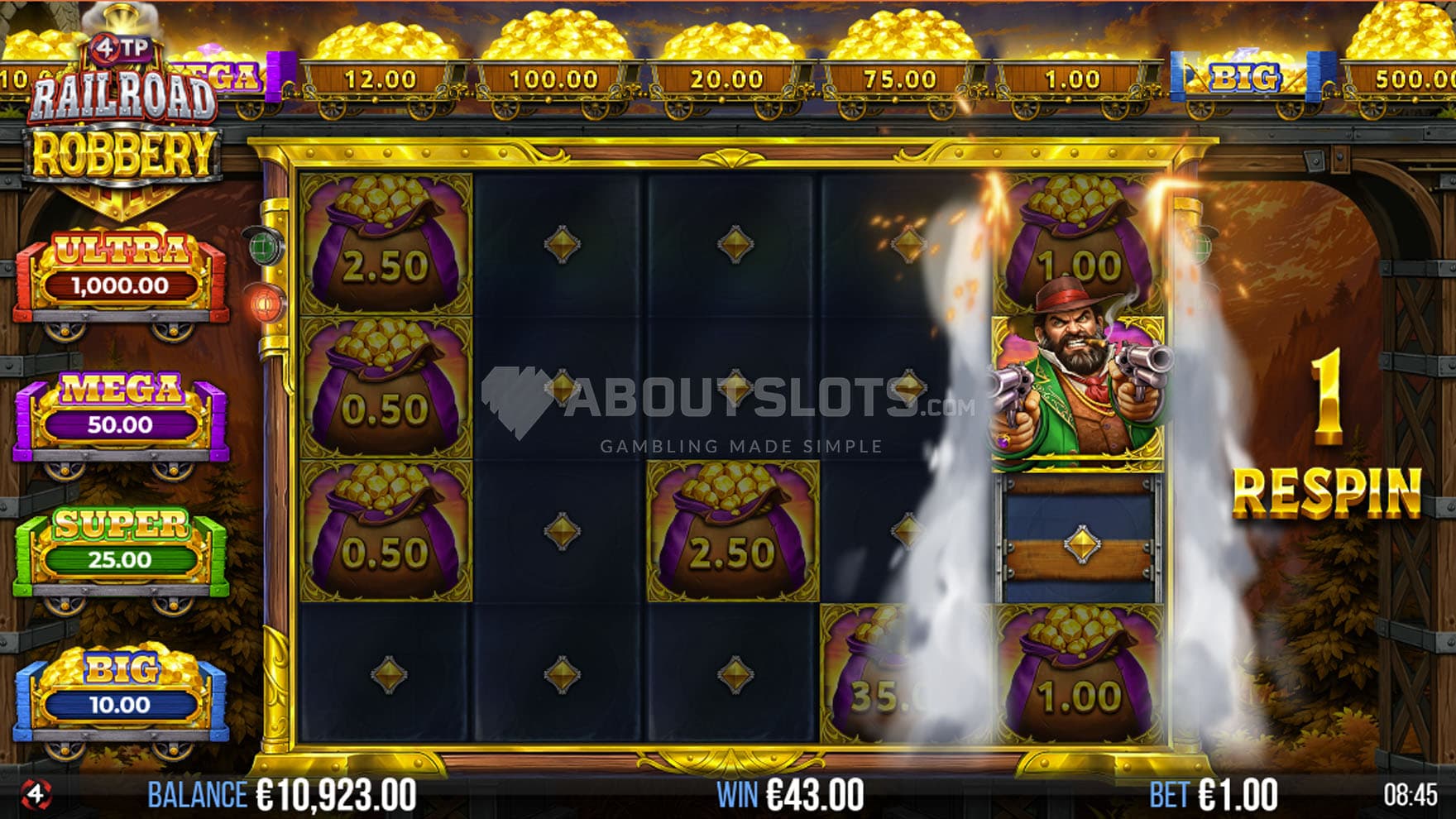 Robbery Respins bonus in progress, showing multiple cash symbols on the grid and a Bandit Boss landing on reel 5.