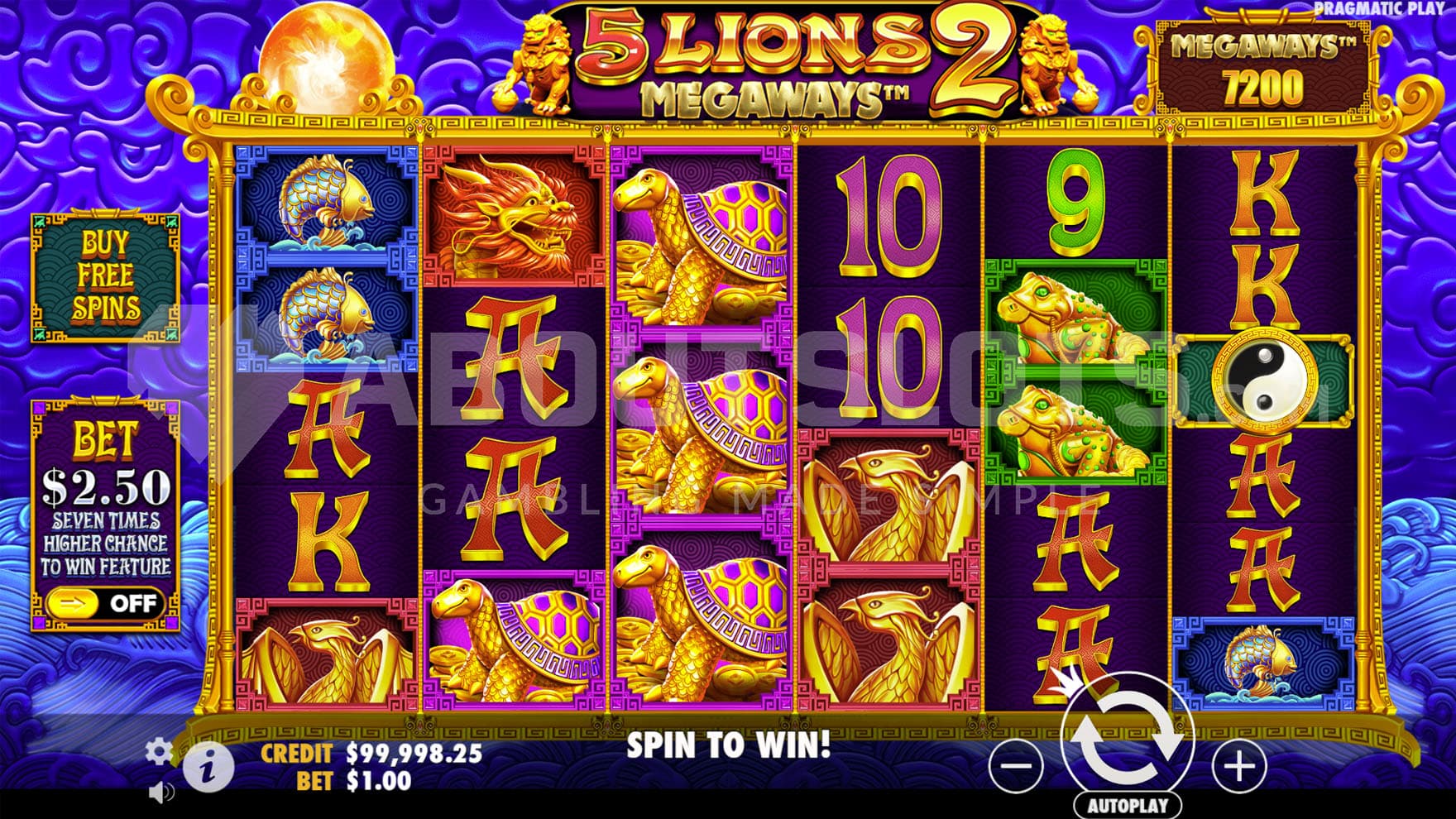 Base Game view of a 6-reel grid with a variable number of symbols on each reel. The theme involves Asian motifs and imagery.