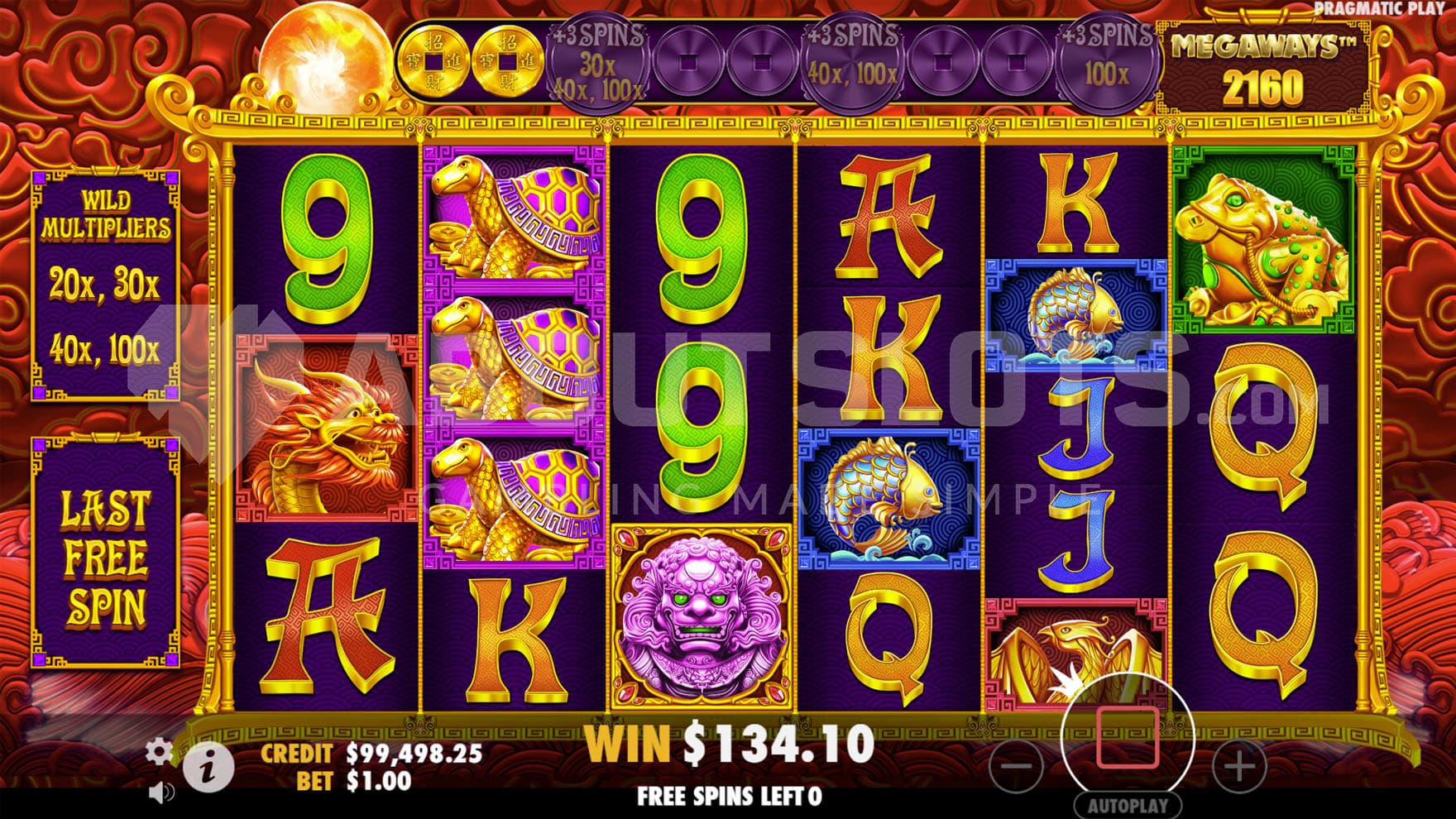 Free Spins bonus in progress with Wild Multipliers up to 100x and 2 steps of the progression trail filled.