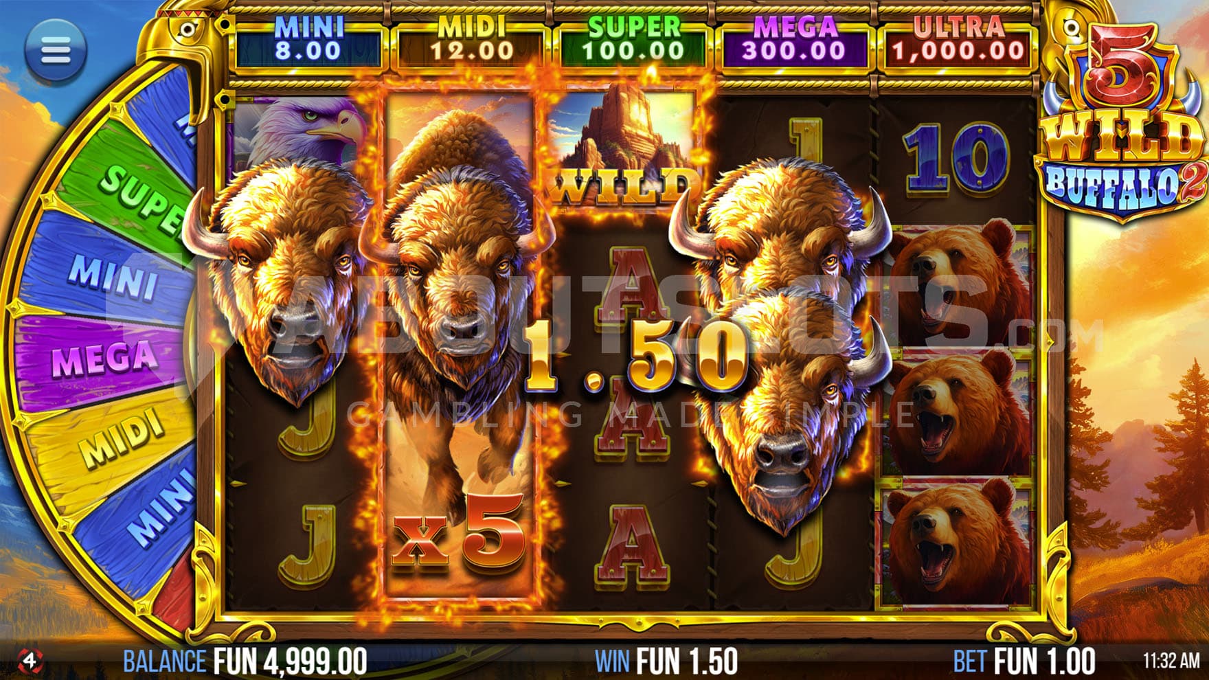 Base Game view of a 5x4 grid on a backdrop of a natural landscape, with a win on the top-paying symbols with a Wild and an x5 multiplier on the reels.