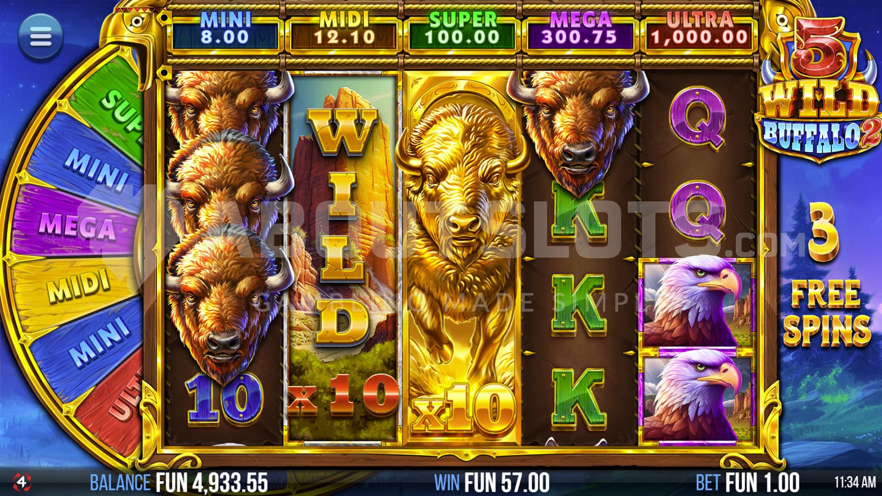 Free Spins bonus in progress, showing a high win including the top-paying symbol, and Expanded Wild with an x10 multiplier and a full Golden Buffalo stack.