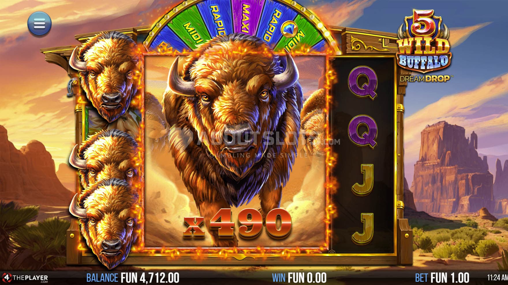 Screenshot of the Buffalo Thunder feature triggered in the base game on the three middle reels.