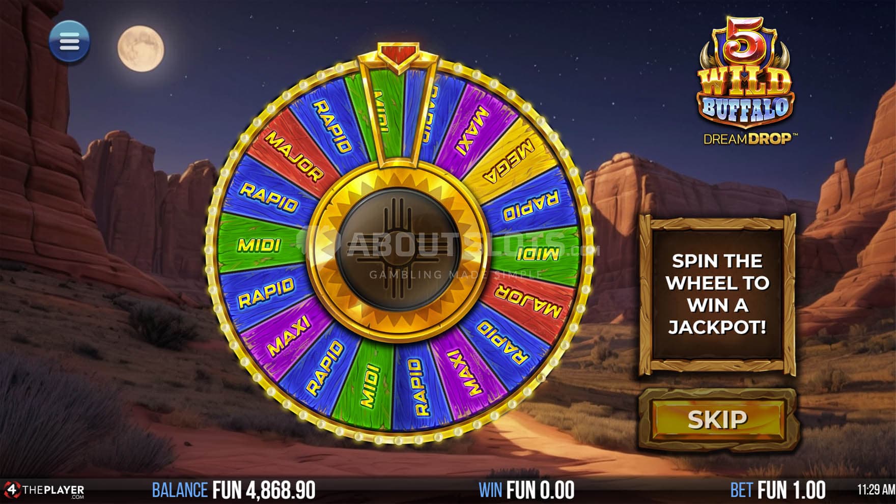 Screenshot of the Dream Drop feature in progress, showing a bonus wheel with jackpots.