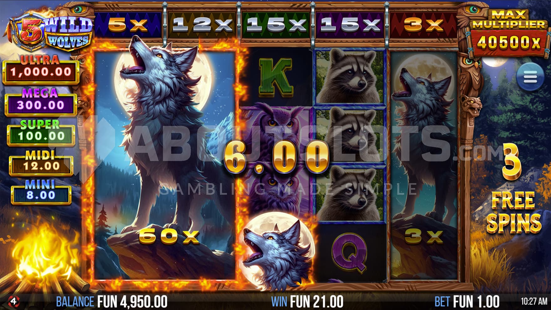 Free Spins bonus in progress, showing 2 first reels merged with a total multiplier of 60x.