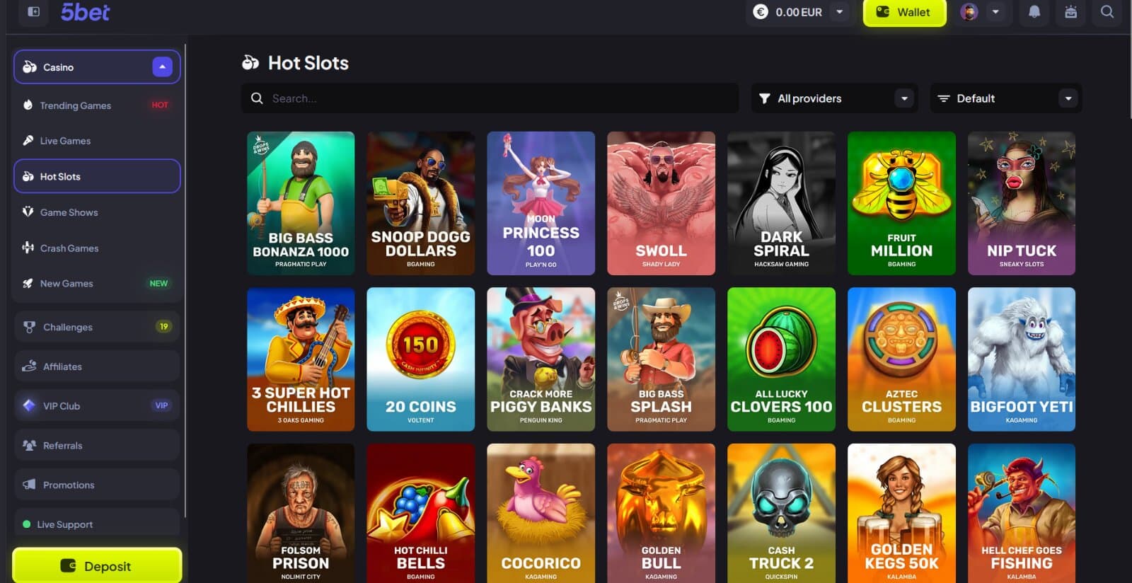 5bet Casino's game page featuring slot icon titles under search filters and left-side navigation menu