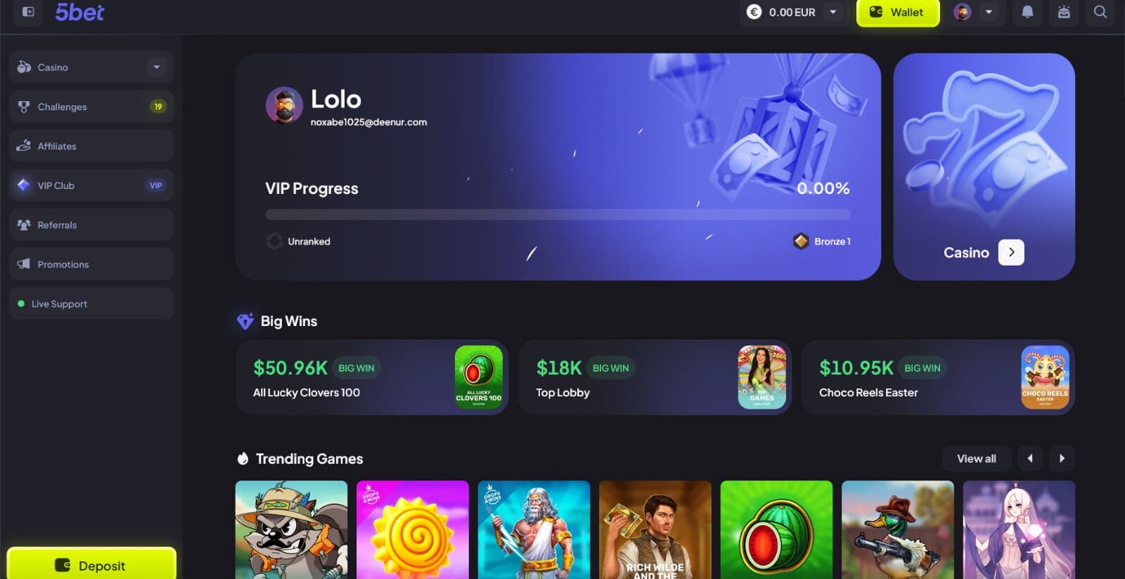 5bet Casino's landing page featuring the player loyalty level, latest wins, and featured games