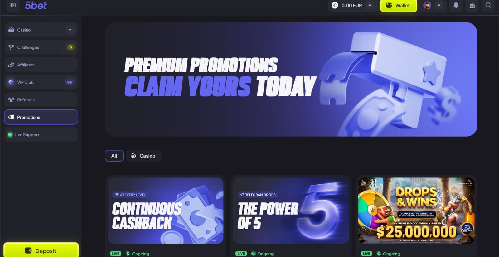 5bet Casino's promotions page featuring the Telegram no deposit bonuses and no wagering cashback
