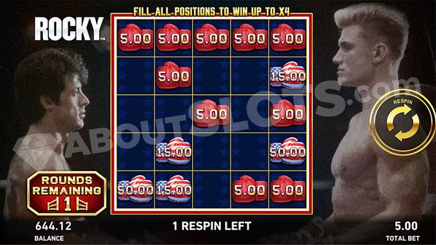 Rocky Balboa and Ivan Dragon on each side of the reels.