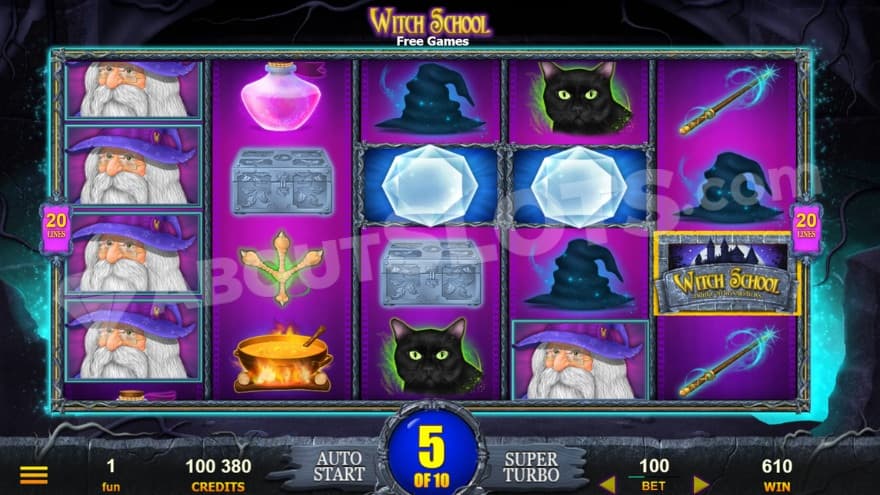 Free Spins Bonus Game with a full-stack of wizard symbols on reel one.