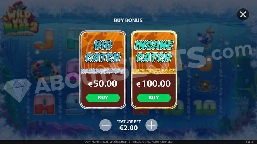 A screen offering the Big Catch feature for 50X the bet and the Insane Catch Feature for 100X the bet.