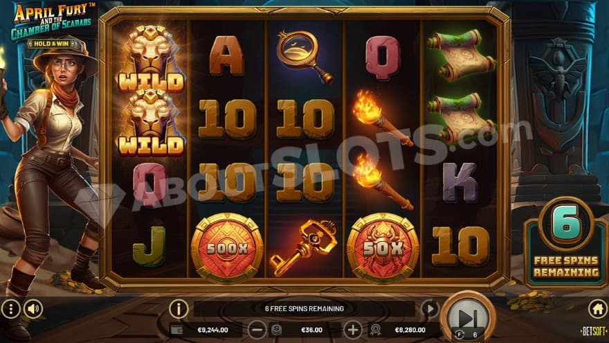 Bonus game with six free spins remaining.