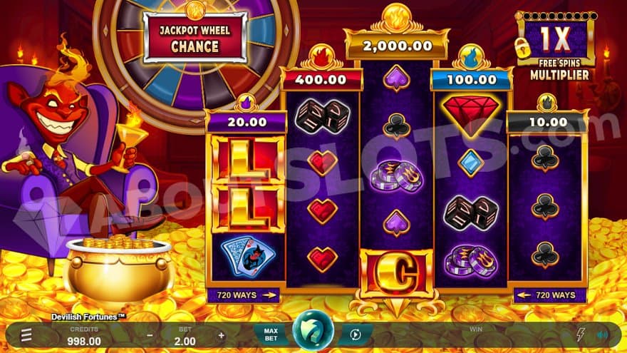 A casino slot with a devil setting in a chair next to it.