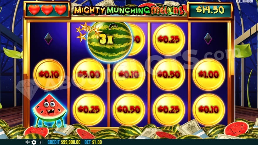 Bonus game with a watermelon symbol with a 3X multiplier.