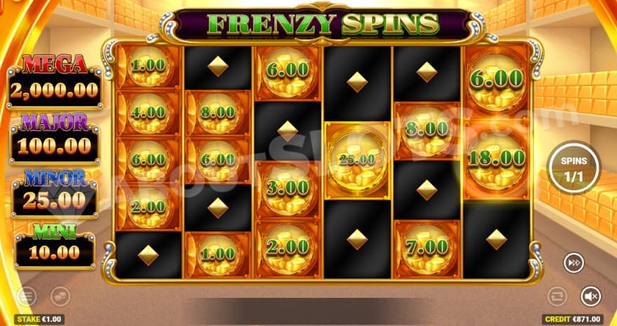 Frenzy Spins feature with stacked gold bars in the background.