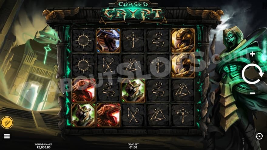 Base game with the crypt on the left of the reels.