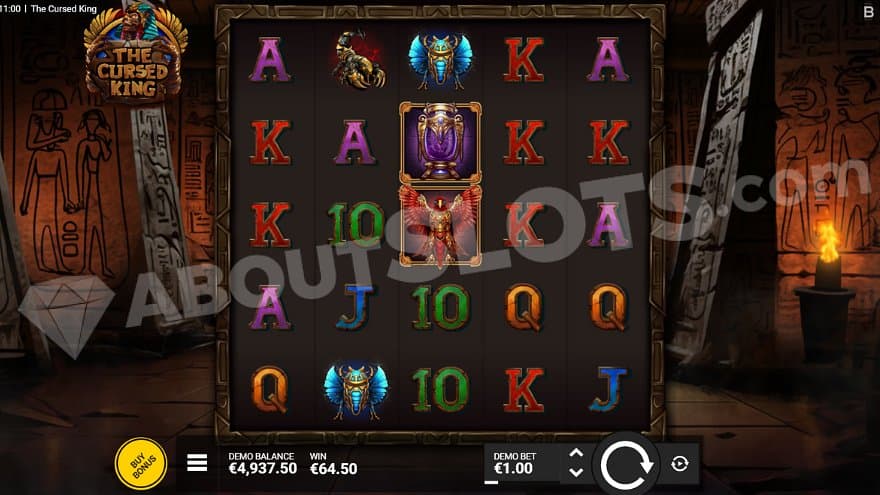 A casino slot in an underground room with carvings on the walls.