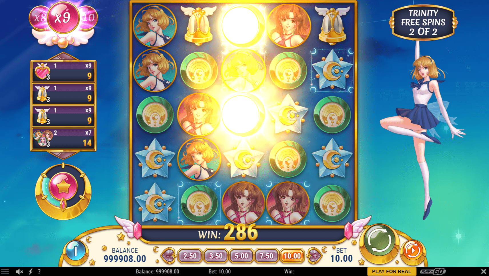 An image of the Trinity Free Spins feature with a blue background