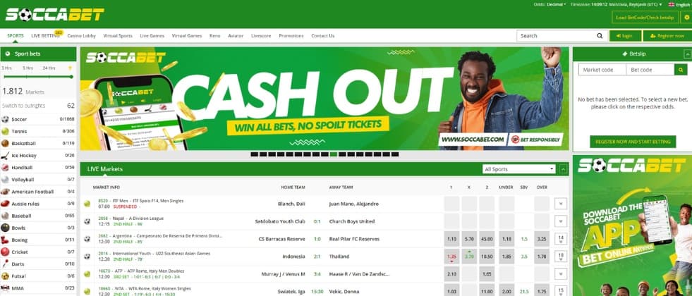 A screenshot from Soccabet's homepage