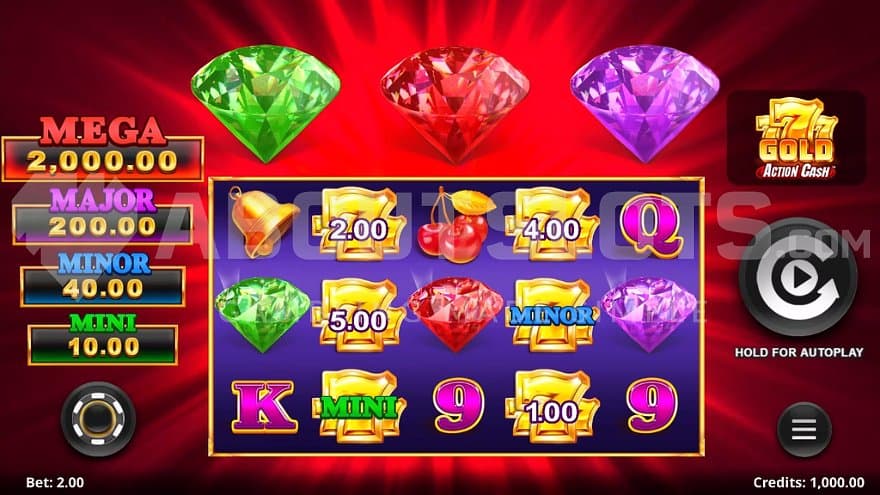 A casino slot with a green, red, and purple diamond above the reels.