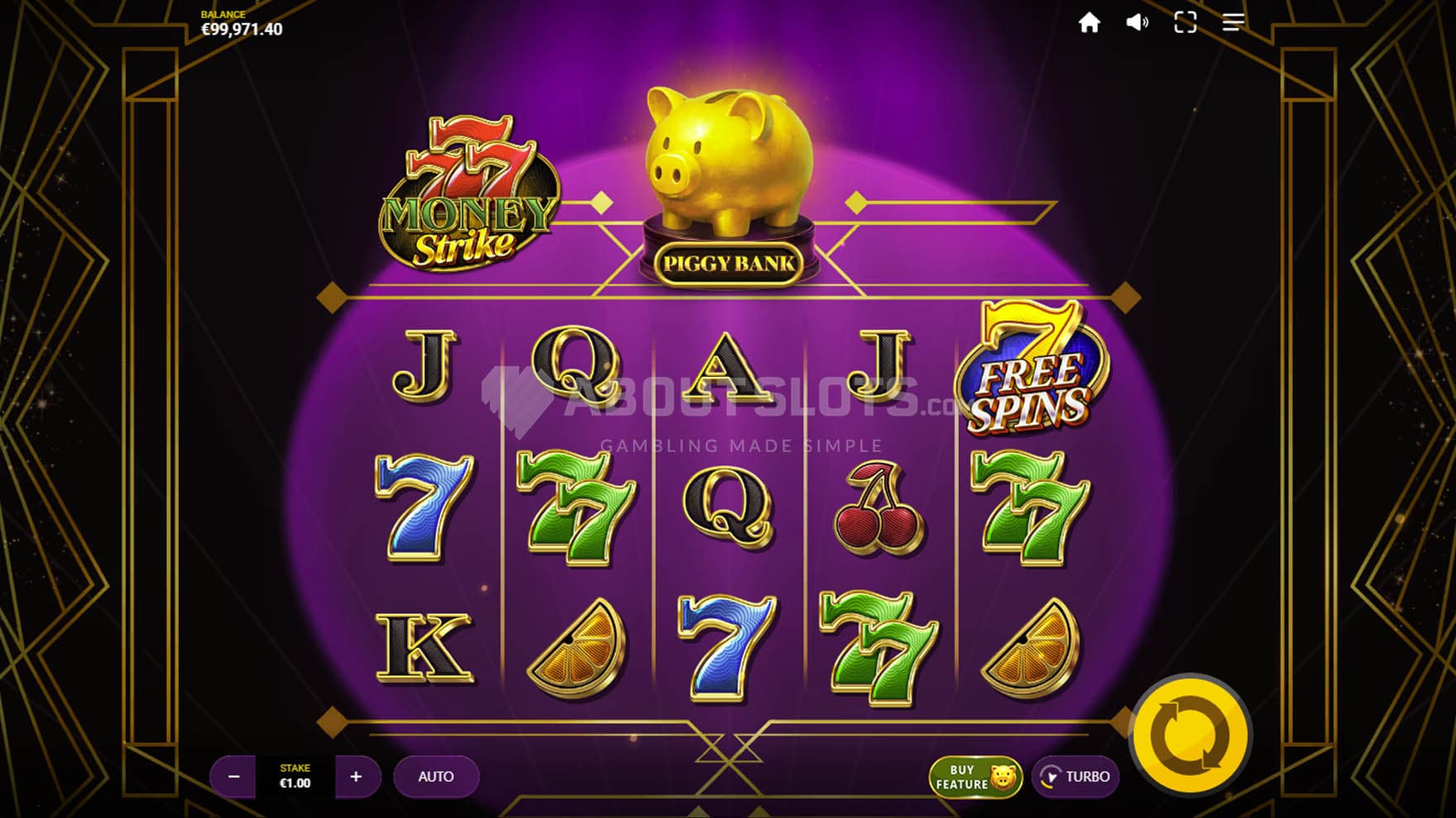 Screenshot of the base game, with a 5x3 grid on an Art Deco gold-black backdrop.