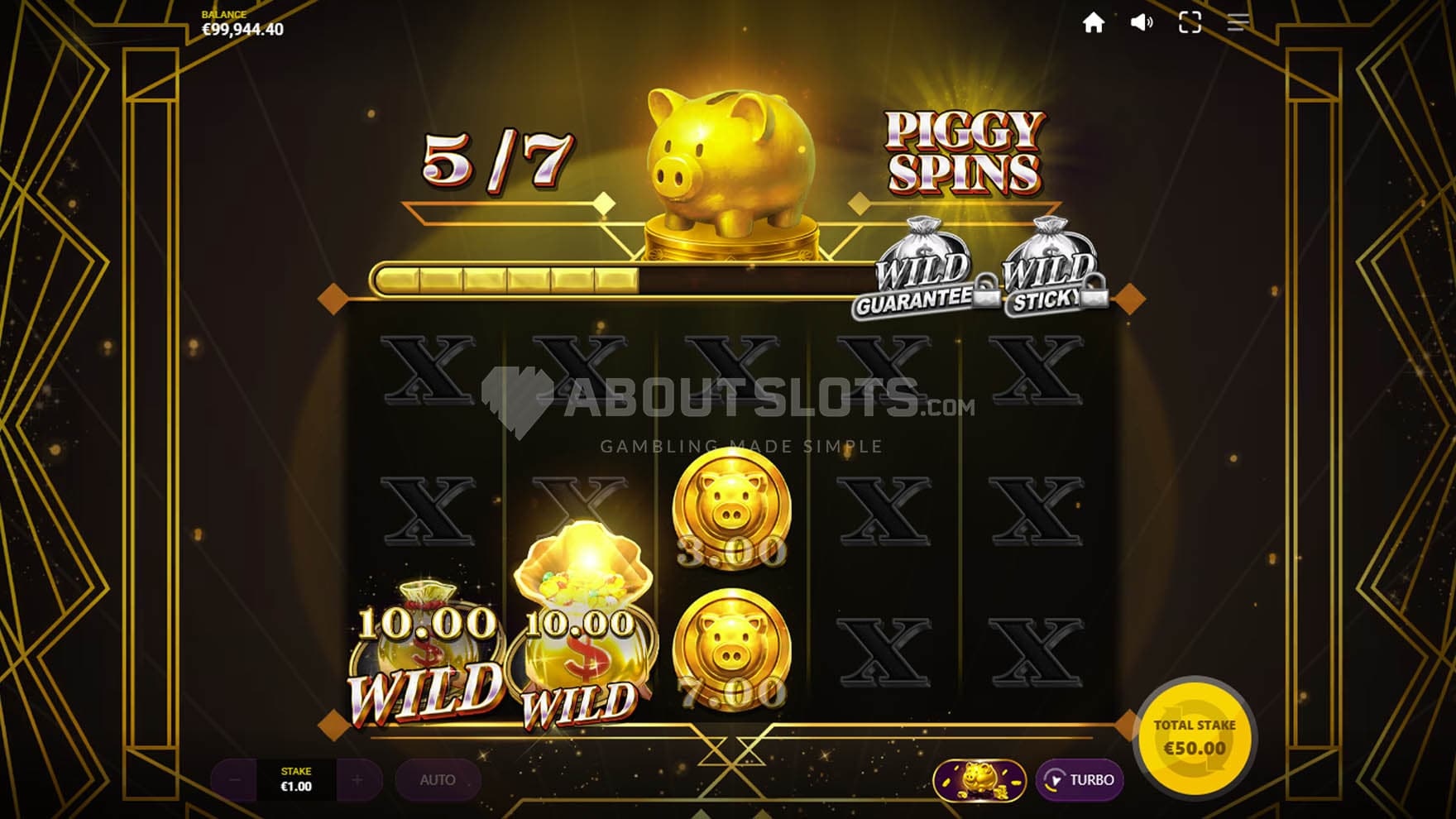 Screenshot of the Piggy Bonus in progress, showing cash prizes being collected by Wild symbols.