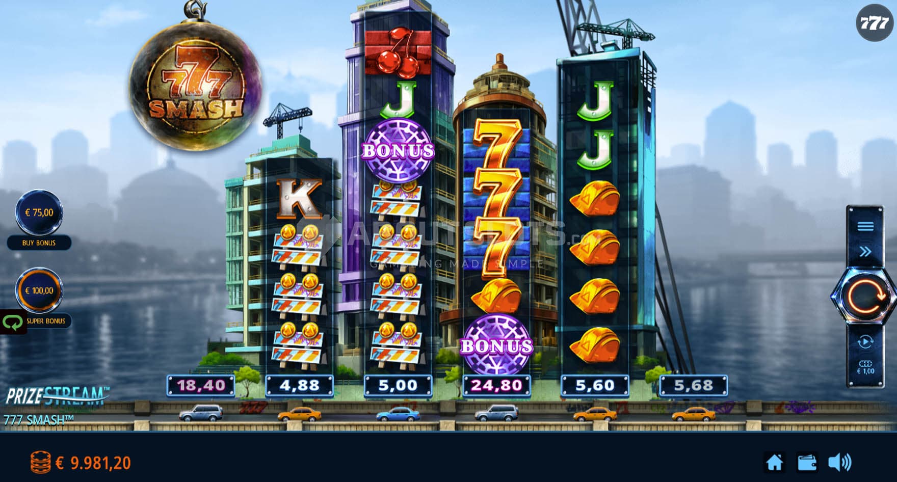 Screenshot of the base game, with four reels set inside high-rise building during construction.