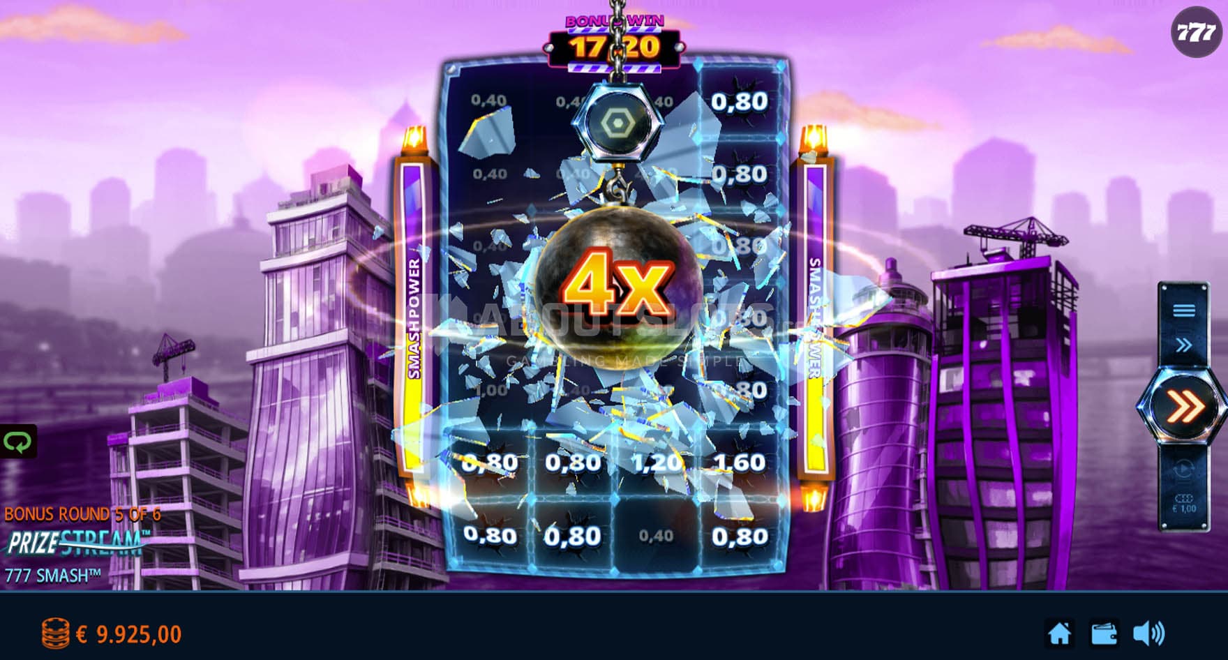 Screenshot of the 777 Smash Bonus in progress, showing a wrecking ball shattering the glass and activating cash prizes.