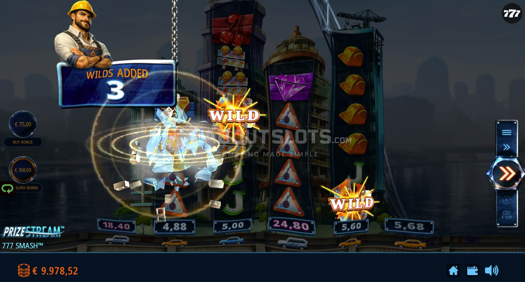 Screenshot of the 777 Smash Feature triggered in the base game, where a wrecking ball adds Wilds in random positions.