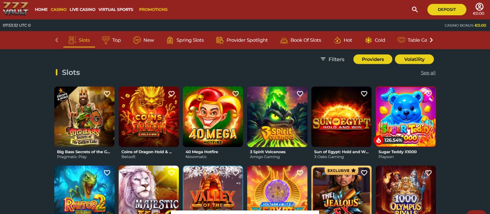 777Vault Casino slots lobby displaying popular slot games like Big Bass Secrets, Coins of Dragon, and Sun of Egypt with provider filters