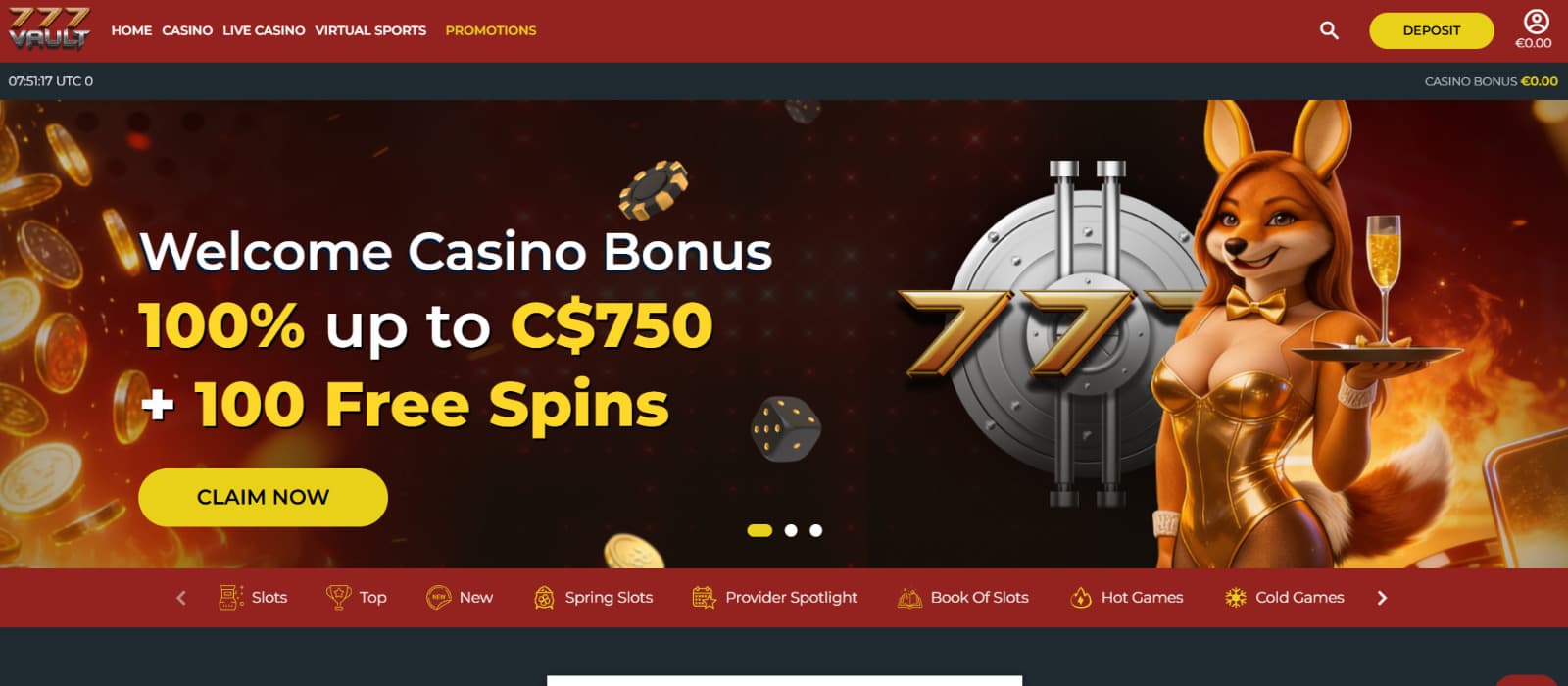 777Vault Casino homepage showing welcome bonus banner with 100% up to C$750 and 100 free spins alongside vault-themed design and fox mascot