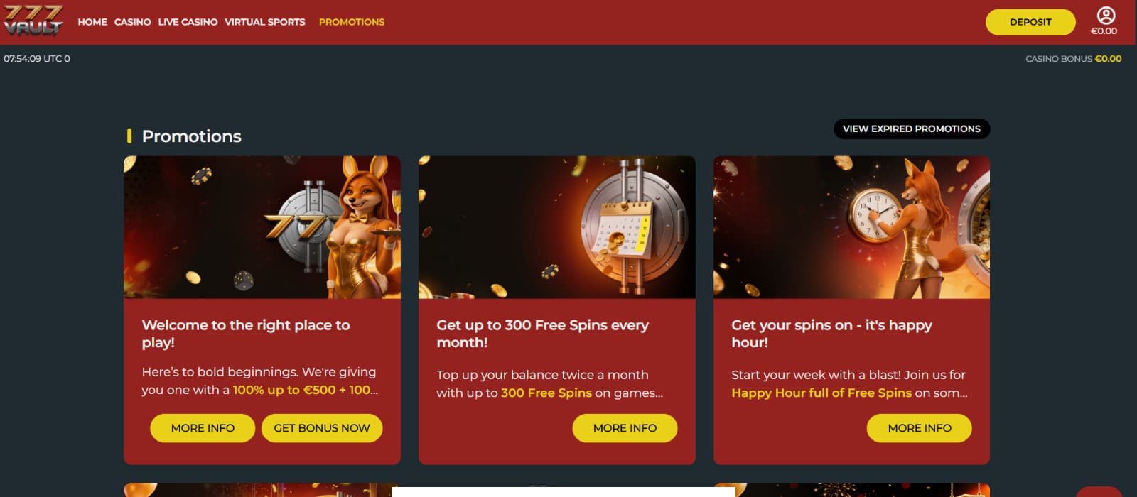 777Vault Casino promotions page featuring welcome bonus, monthly free spins offer, and Happy Hour promotion cards