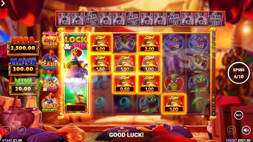 Free Spins feature with a Lock & Spin symbol on the first reel.