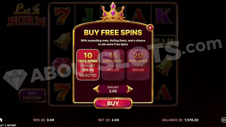 A menu offering the player to buy 10, 15, or 20 free spins for 100X, 150X, or 200X the bet.