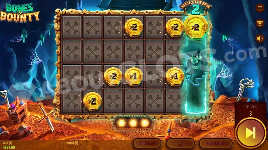 A grid in the respin bonus game with 6 coins on the reels.