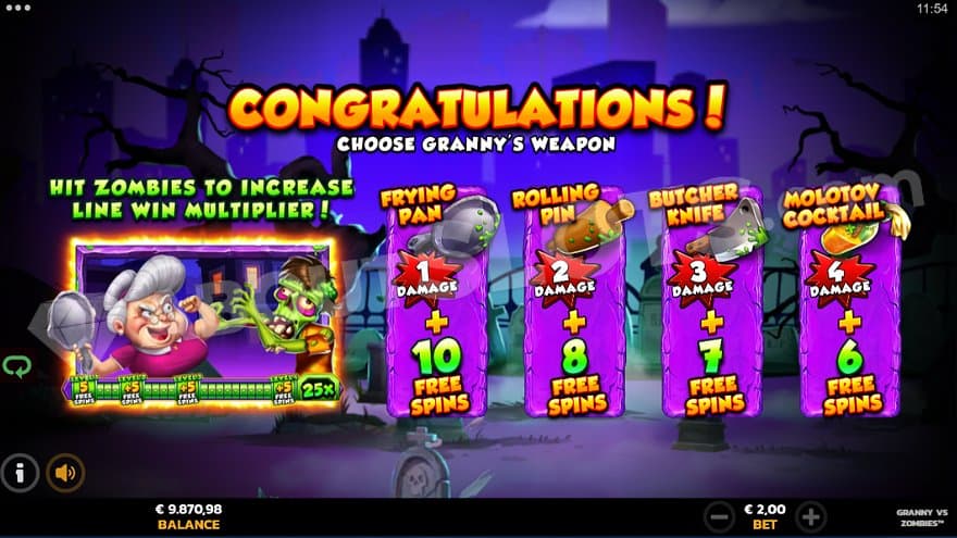 An intro screen letting the player choose on four options from 10 free spins with a 1 damage point frying pan to 6 spins with a 4 damage point Molotov cockail.