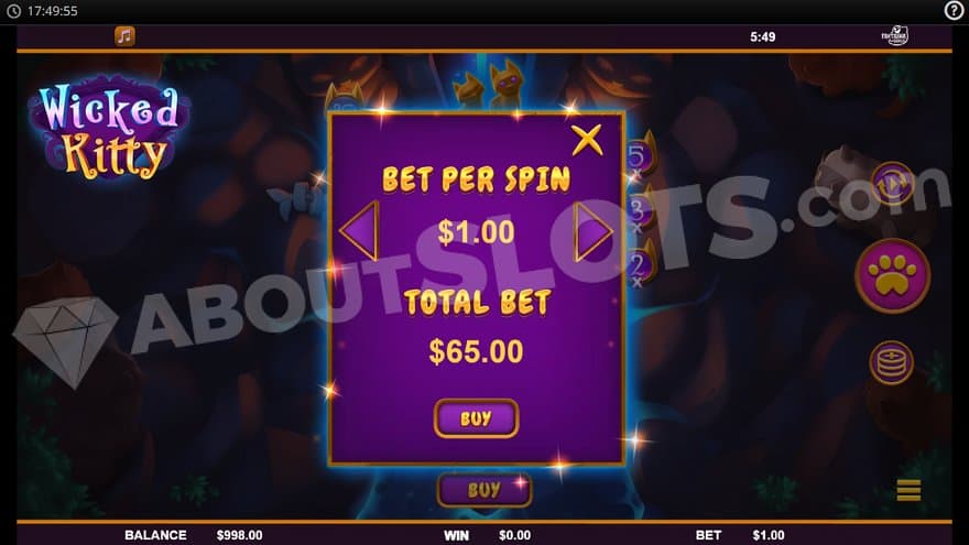 A menu offering the free spins for 65X the bet.