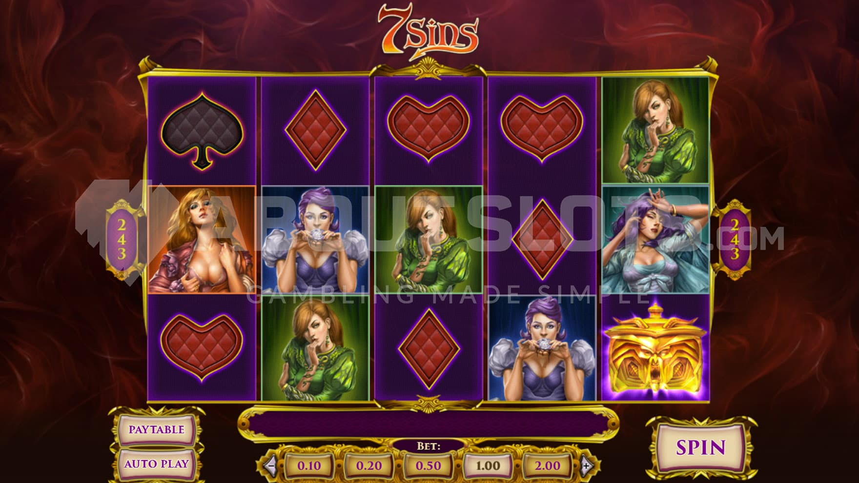 Base Game view of a 5x3 grid on a backdrop covered with red silk.