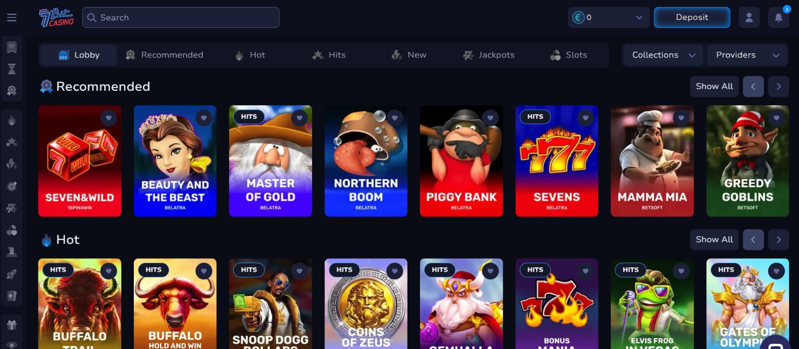 7Bit Casino games page showing recommended slots like Seven&Wild, Beauty and the Beast, Master of Gold, and other popular titles arranged in a grid