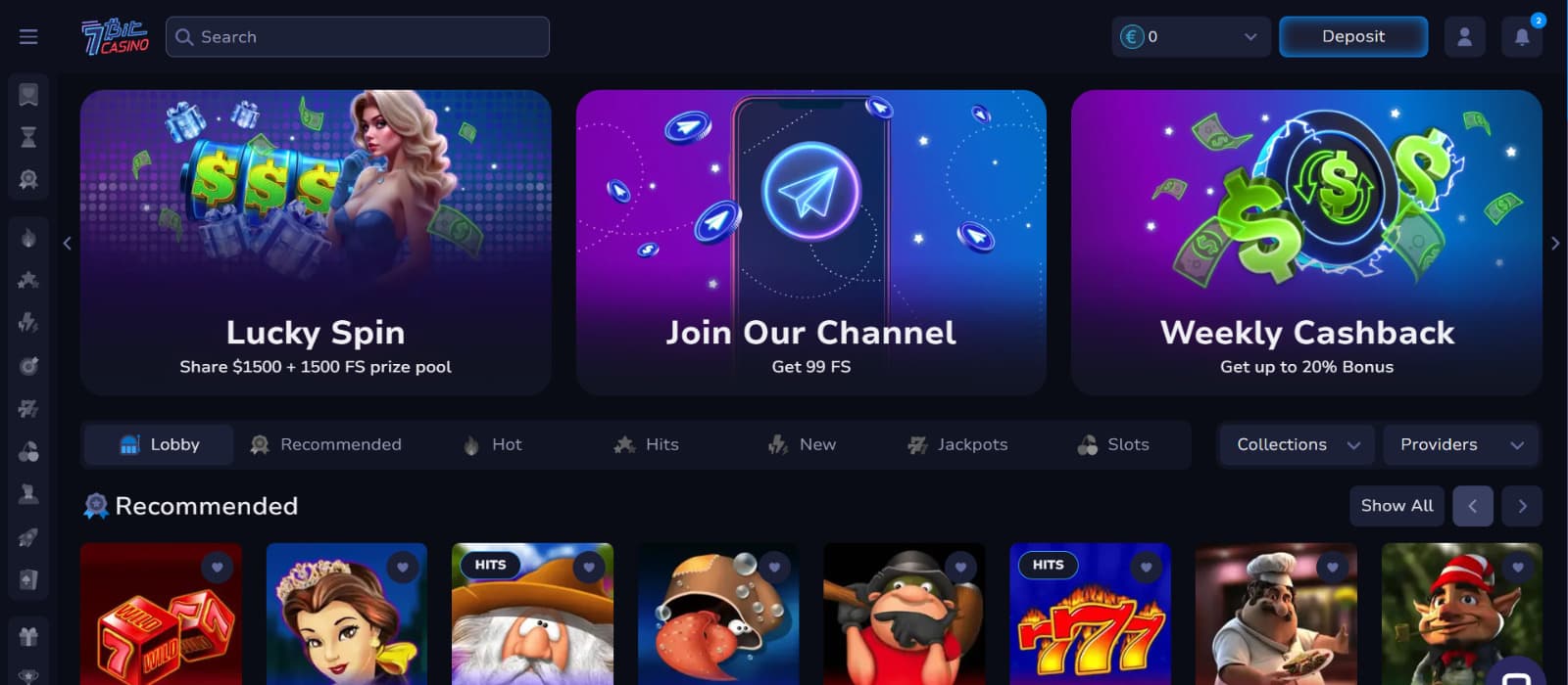 7Bit Casino landing page featuring promotional banners for Lucky Spin, Telegram channel free spins, and weekly cashback rewards.