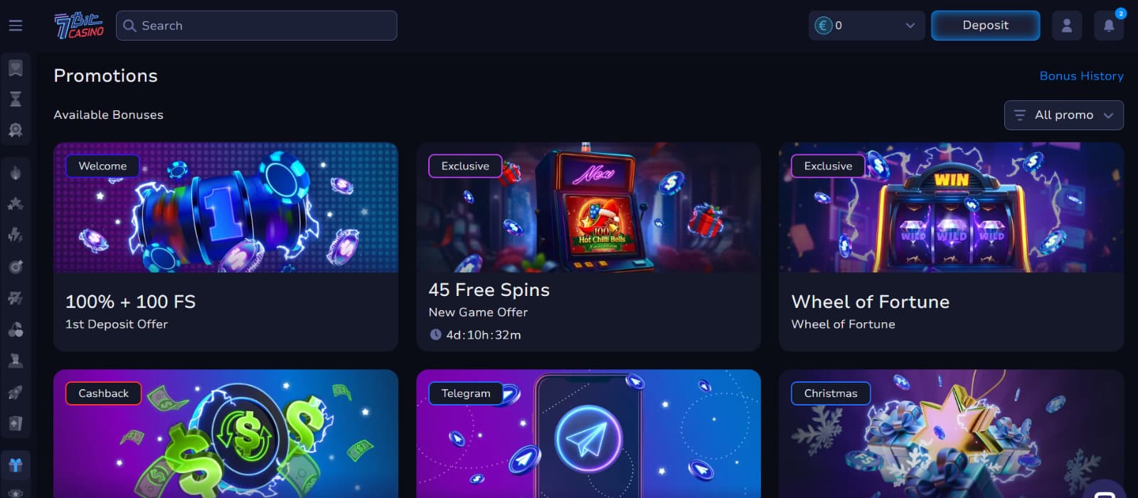 7Bit Casino promotions page showing welcome bonus of 100% + 100 free spins, exclusive free spins offers, and Wheel of Fortune rewards.